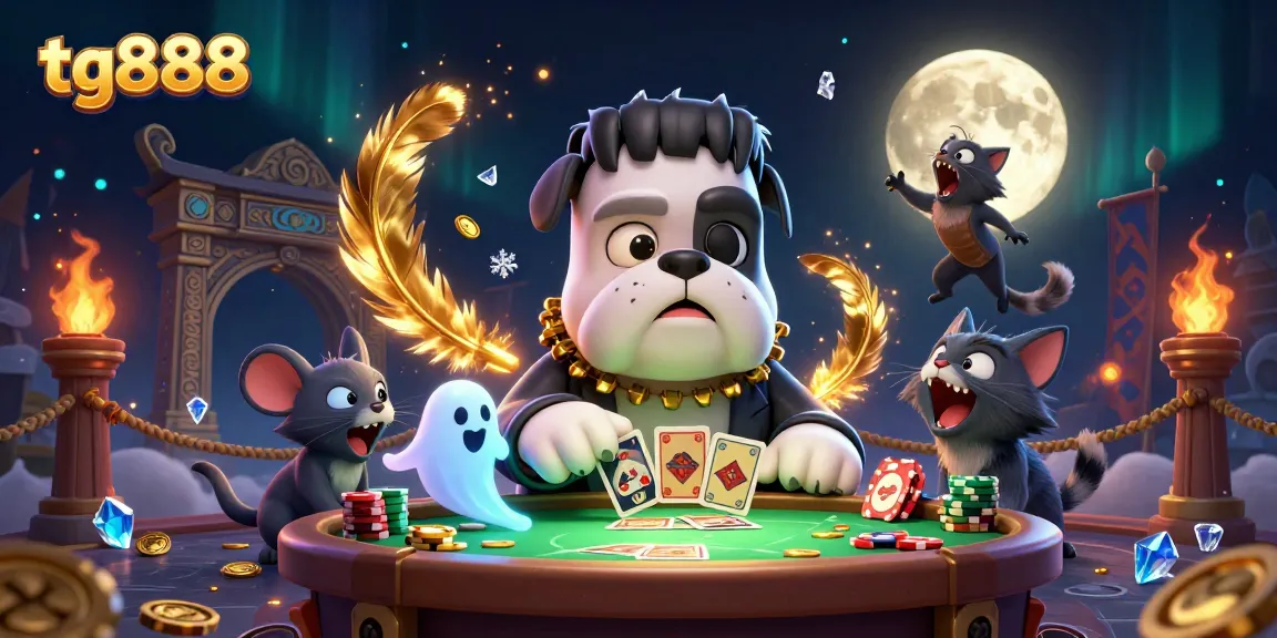 Experience thrilling gameplay at tg888 with a 3D illustration of a Frankenstein bulldog dealing cards.