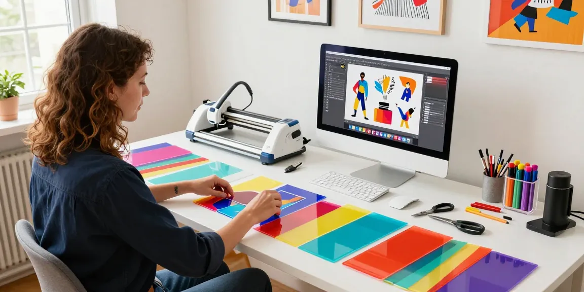 Vibrant designer creating an acrylic standee with colourful sheets and tools in a bright studio.