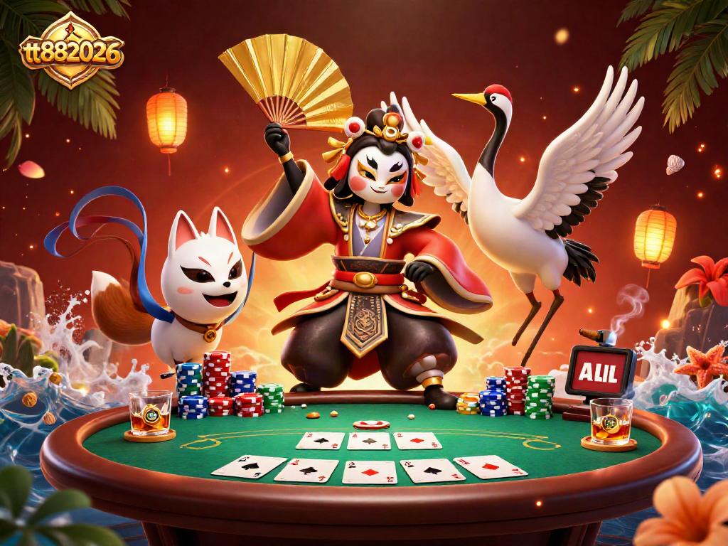 Engage with tt882026's thrilling 3D casino scene showcasing poker action and vibrant characters.