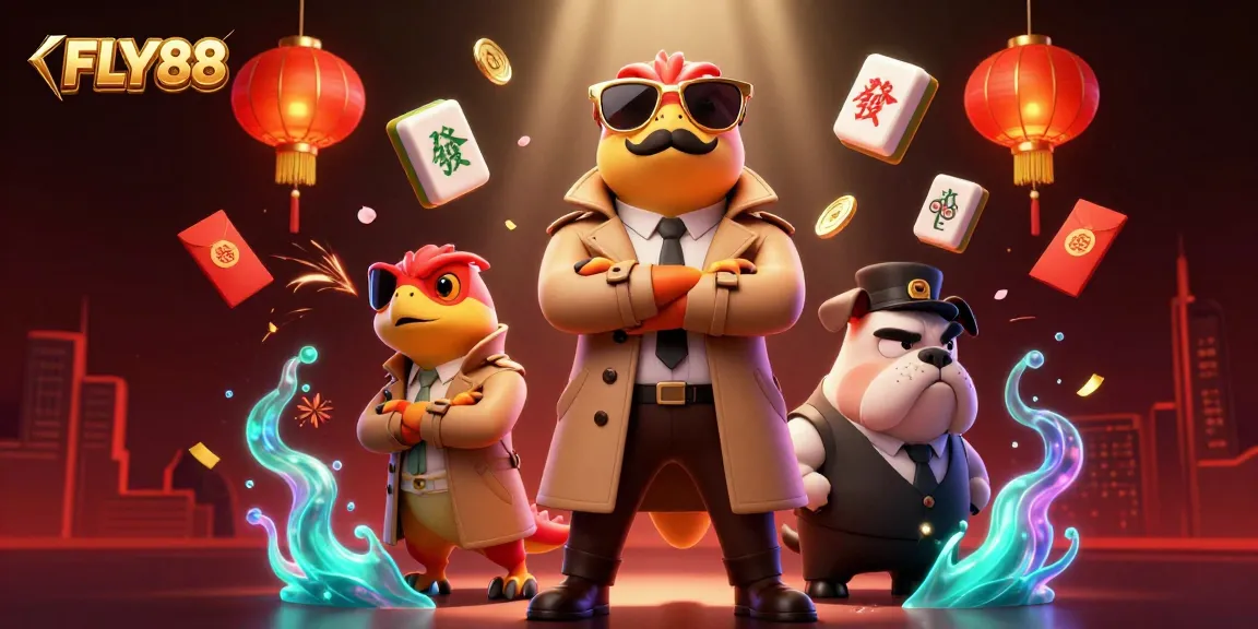 FLY88 raptors in trench coat enter VIP casino lounge, illustrated with dynamic game elements.