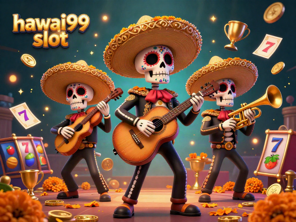 Play hawai99 slot with vibrant skeleton mariachi band and dynamic elements creating excitement.