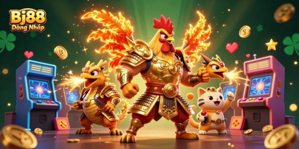 Engage in thrilling gameplay with Bj88 Đăng Nhập featuring a dynamic 3D rooster warrior and dragon.