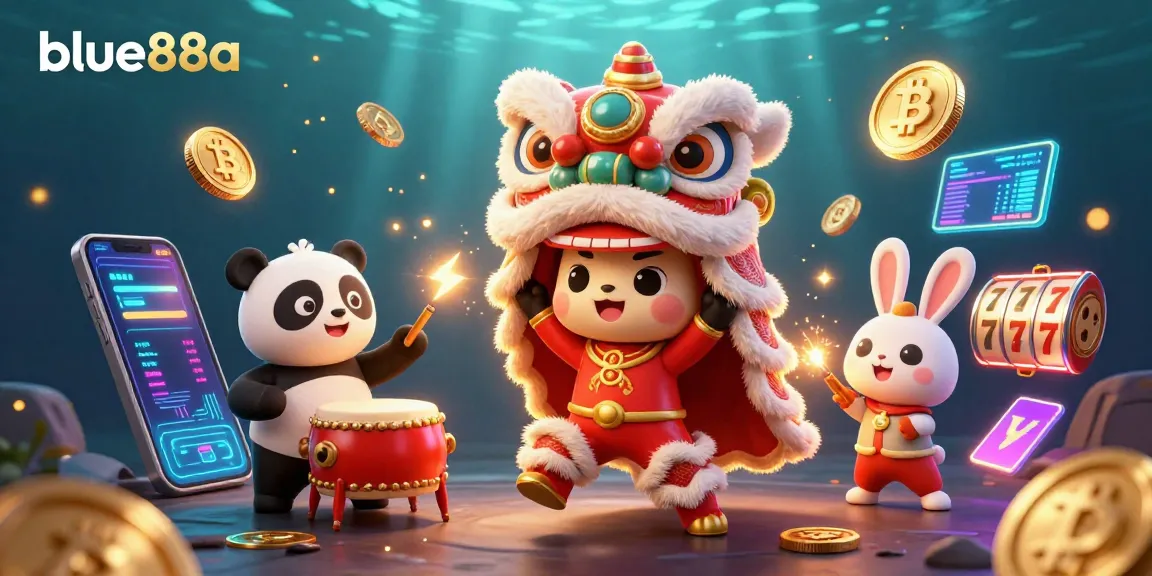 Engage in thrilling gameplay at blue88a with colorful 3D characters celebrating a vibrant casino theme.