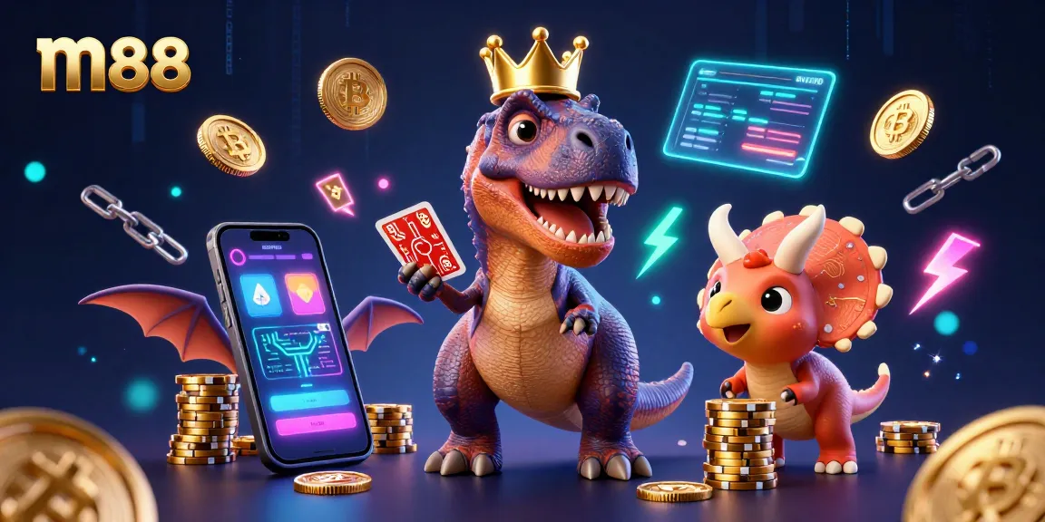 Engage with m88's vibrant gaming scene featuring friendly dinosaur characters in a dynamic casino atmosphere.