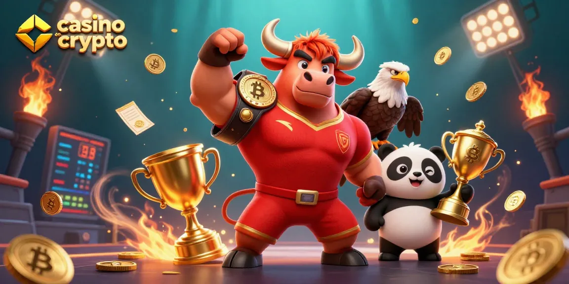Admirez la victoire au casino en crypto avec un taureau, un aigle et un panda tenant un trophée.