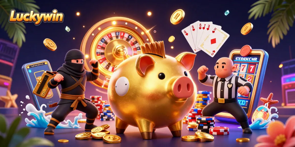 Experience thrilling wins at Luckywin with a vibrant 3D illustration of casino excitement.