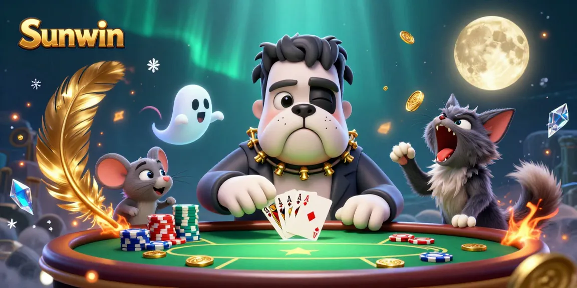 Sunwin poker scene featuring a Frankenstein bulldog monster and ghost mouse amidst golden tokens.