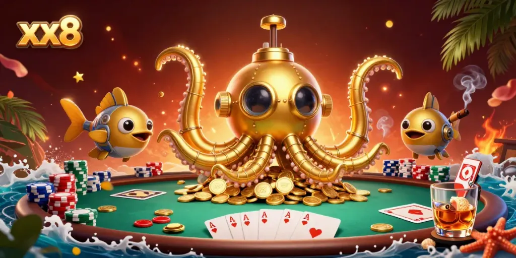 Experience thrilling xx8 casino gaming adventure with a vibrant 3D golden kraken submarine.
