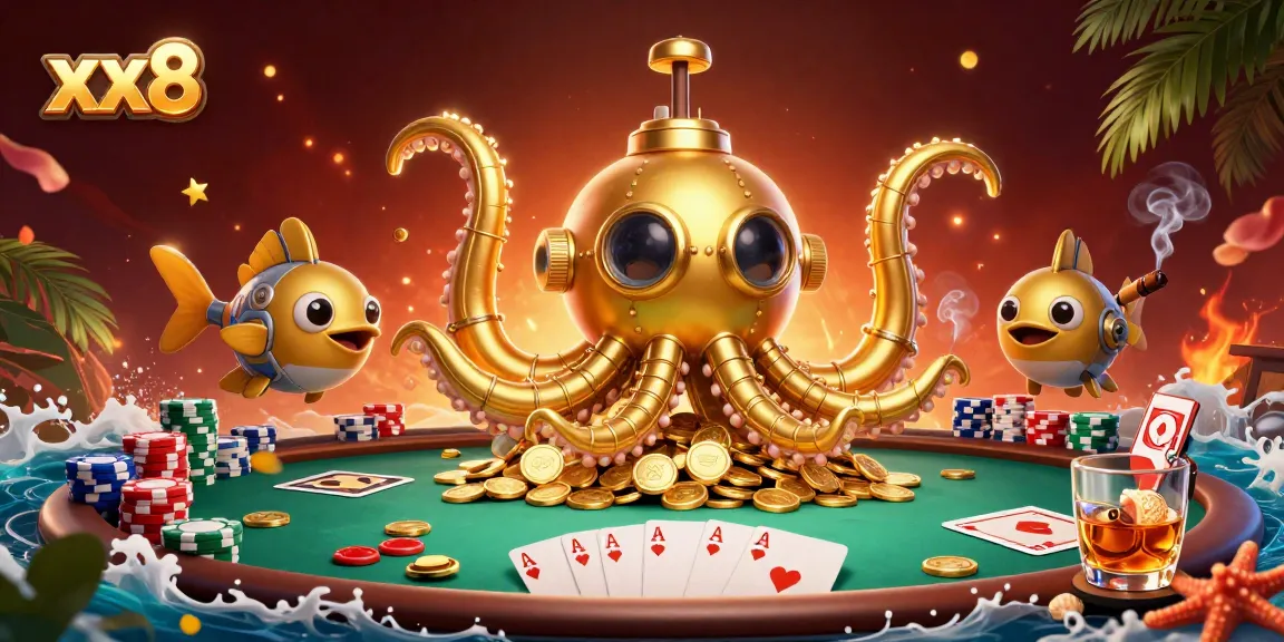 Experience thrilling xx8 casino gaming adventure with a vibrant 3D golden kraken submarine.