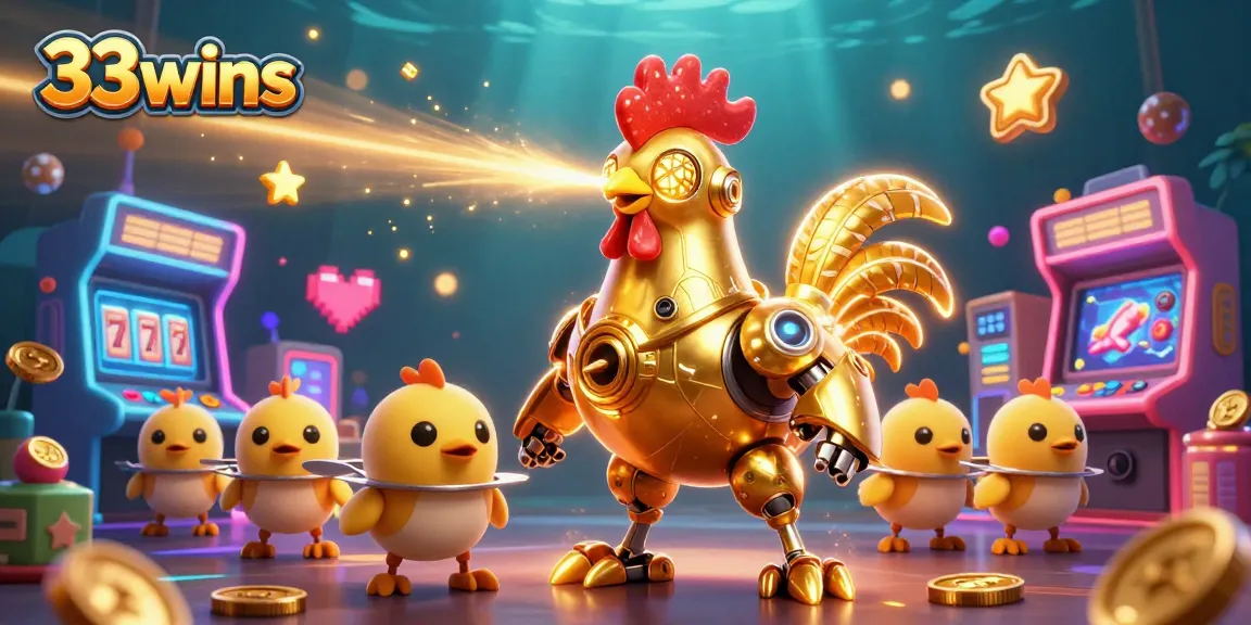 Experience thrilling gaming action with 33wins as a golden rooster robot showcases its jackpot prowess.