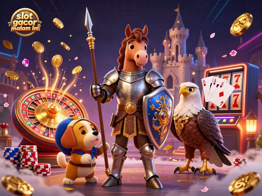 Menjelajahi slot gacor malam ini dengan gambar ilustrasi permainan megah yang penuh warna dan fitur emosional.