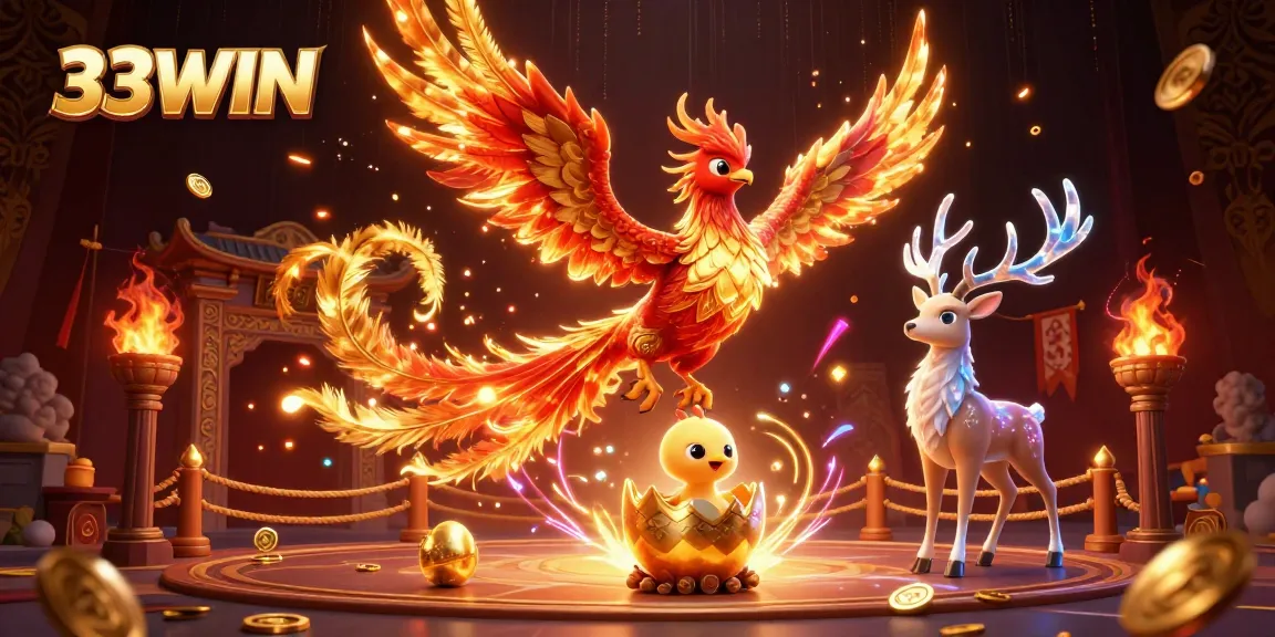 Experience thrilling gameplay with 33WIN, featuring vibrant phoenixes and a dynamic casino atmosphere.