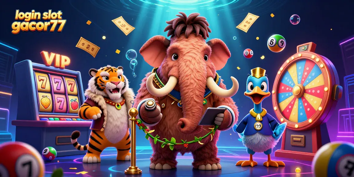 Experience the excitement of login slot gacor77 with a vibrant 3D casino scene featuring unique characters.