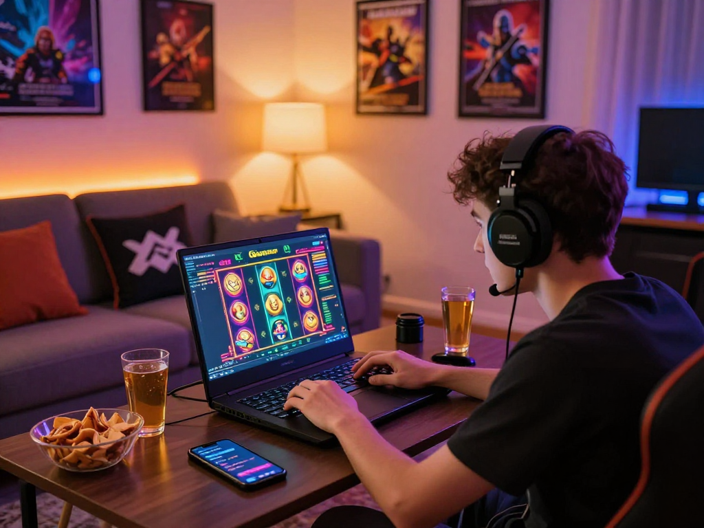 Engaging scene of a gamer experiencing slot gacor online gaming at home.