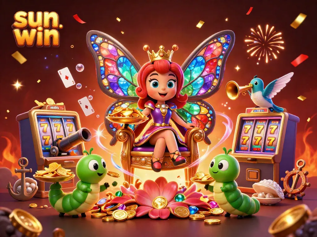 Play and win at sun win: vibrant 3D fantasy scene with colorful casino elements and characters celebrating victory.