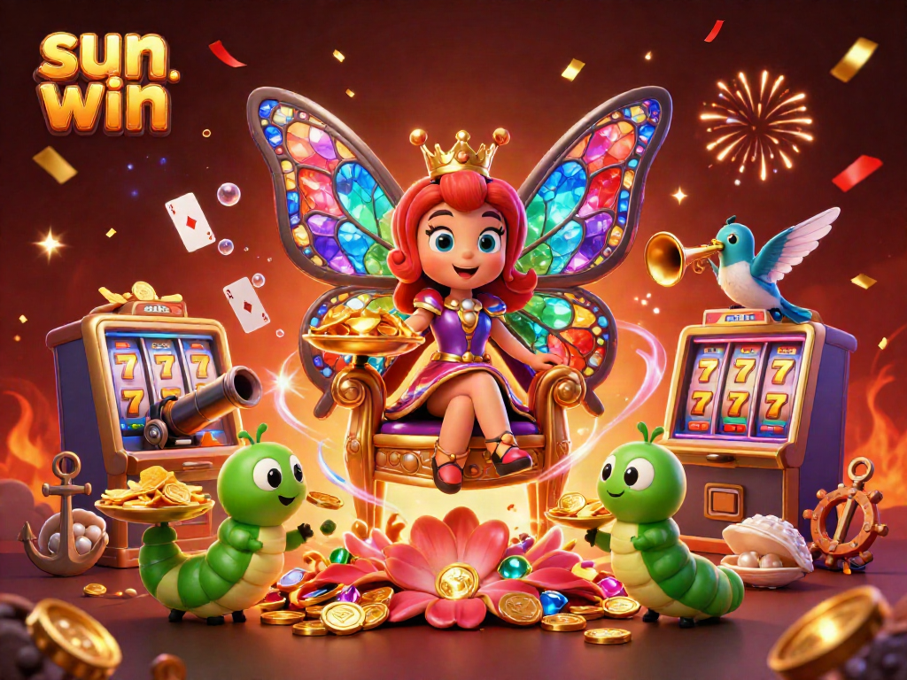 Play and win at sun win: vibrant 3D fantasy scene with colorful casino elements and characters celebrating victory.