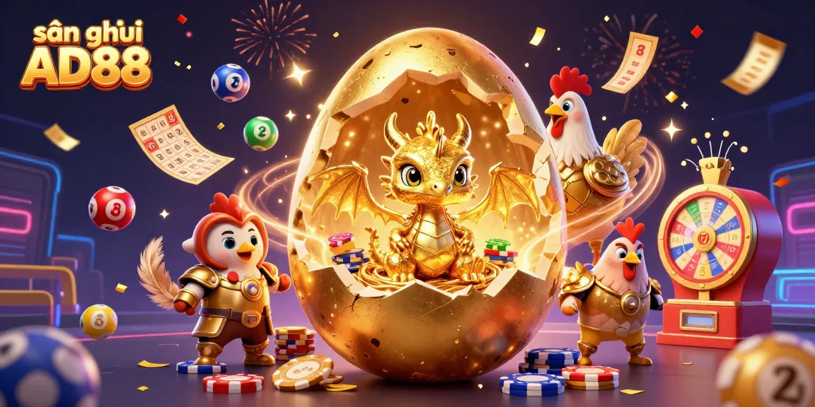 Experience the excitement of sân chơi AD88 with a vivid 3D representation of a colossal golden egg and festive gaming elements.