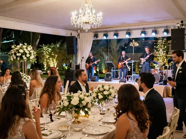 Wedding reception beautifully arranged with elegant decor and joyful guests, showcasing event rental ksa services.