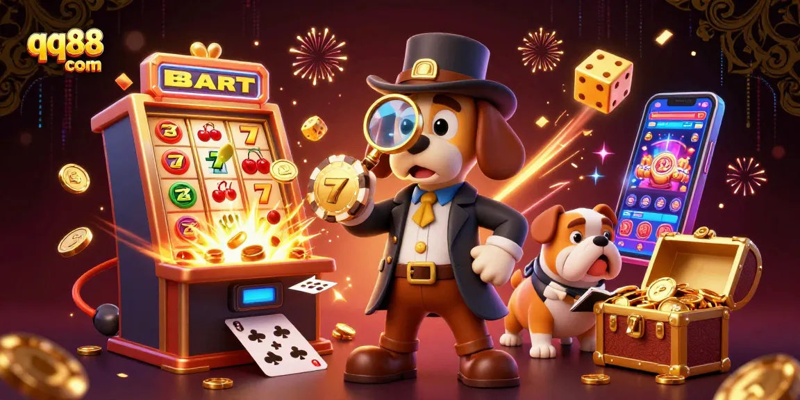 Win big at qq88 com with a magical casino adventure featuring detectives and treasures in a vibrant illustration.
