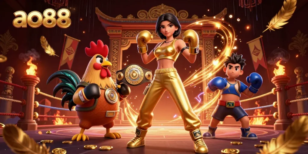 Experience thrilling action at ao88 with a fearless woman and a championship rooster in a dynamic casino showdown.