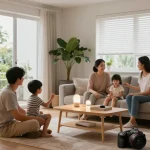 IKEA smart home integration in a modern living room with family enjoying smart devices and ambient lighting.