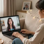 AI girlfriend virtual conversation in a cozy home setting with romantic lighting.