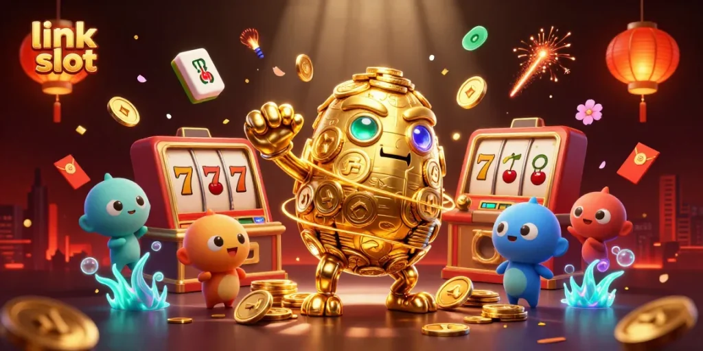 Engage with exciting link slot gaming featuring a golden golem and vibrant casino symbols.