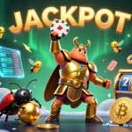 Win big with go88 in this vibrant 3D casino scene featuring a victorious beetle hero.
