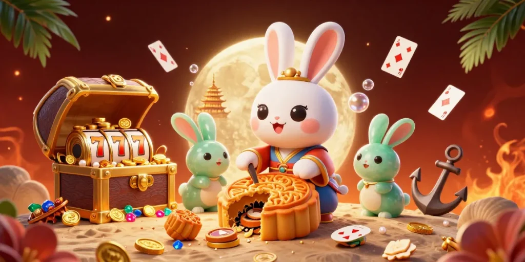 Experience the excitement of AI88BET with a captivating 3D illustration featuring a moon rabbit and slots.