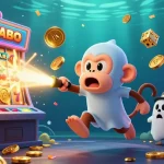 Kobe casino scene shows a ghost-hunter puppy tracking a mischievous monkey among colorful slot machines.