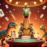 Visualisez le casino en ligne le plus payant avec un brontosaurus cartoon interagissant dans un décor riche et dynamique.