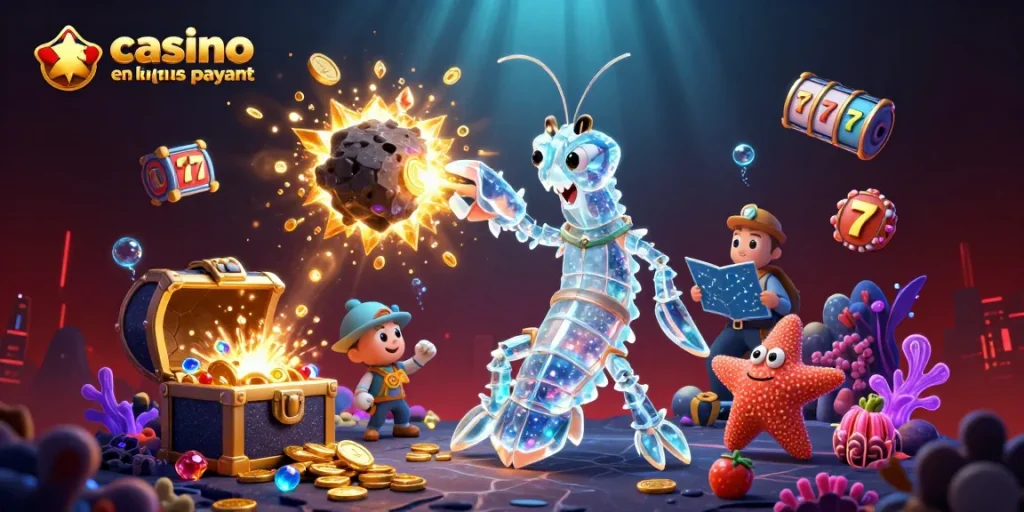 Image dynamique d'un galactic samurai mantis shrimp et une étoile de mer naviguant dans un casino en ligne le plus payant, remplie de jeux et de pièces d'or.