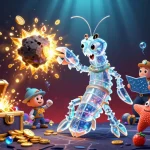 Image dynamique d'un galactic samurai mantis shrimp et une étoile de mer naviguant dans un casino en ligne le plus payant, remplie de jeux et de pièces d'or.