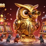 Experience the thrill of mmlive888 with a golden owl surveying a vibrant casino scene.