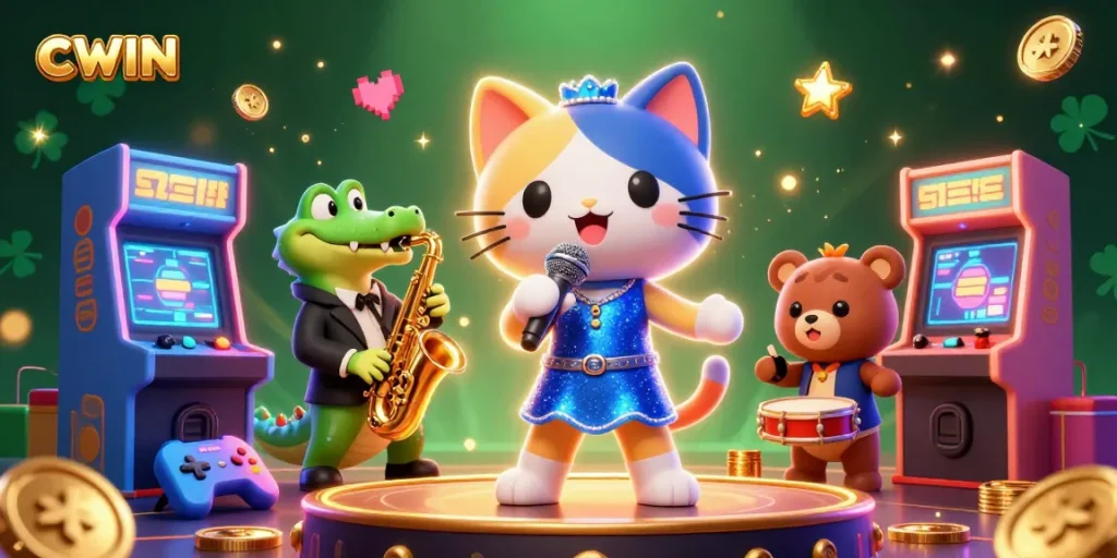 Join the fun with CWIN's vibrant casino scene featuring entertaining characters and gaming action!
