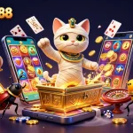 Spin the reels and win at Caswino888, featuring a vibrant casino scene with an Egyptian mummy and dynamic slot games.