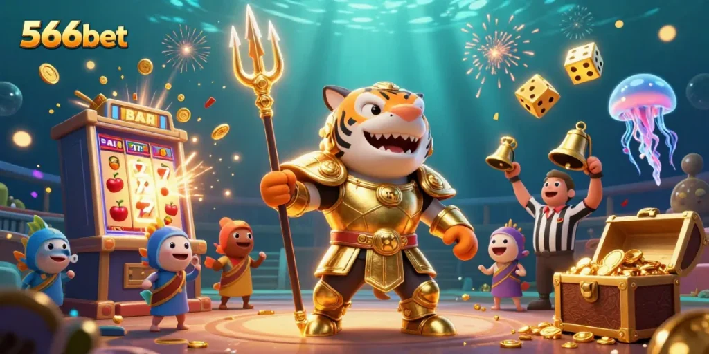 Experience excitement with 566bet's 3D shark gladiator wielding a trident in a themed casino scene.