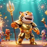 Experience excitement with 566bet's 3D shark gladiator wielding a trident in a themed casino scene.