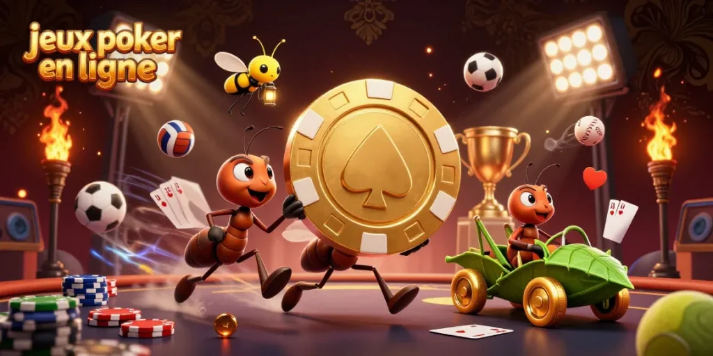 Jouez à des jeux poker en ligne avec un groupe d'insectes illustrés dans une scène dynamique de casino.