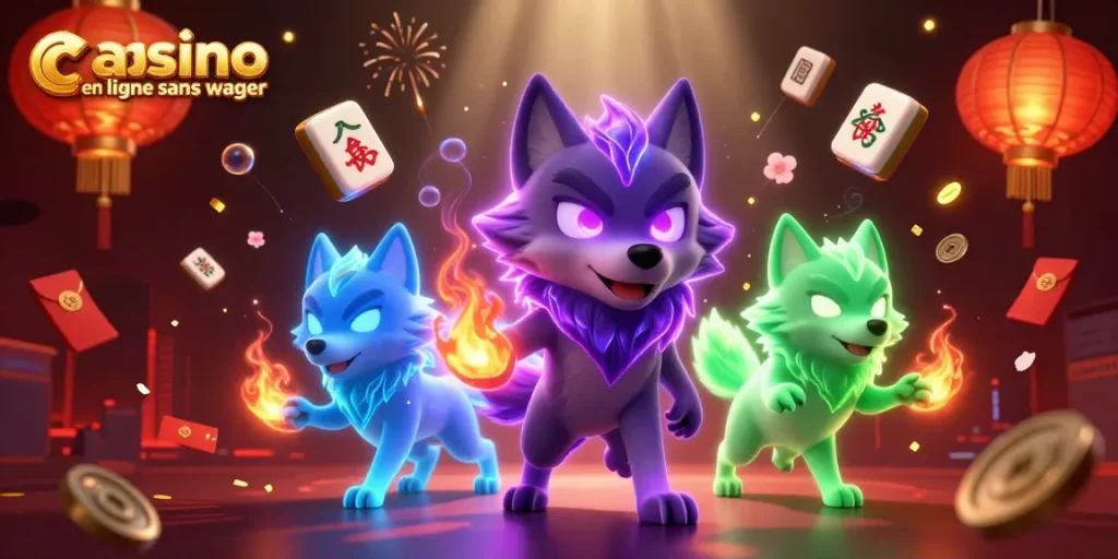 Illustration dynamique d'un casino en ligne sans wager avec des loups fantomatiques et des éléments de jeu