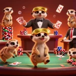 Jouer au poker en ligne dans une scène animée de suricates dans un casino vibrant.