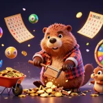 Faites le plein de gains avec le casino en ligne le plus payant, une scène dynamique pleine de pièces d'or et de jeux de loterie.