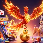 Engage in thrilling slot gacor hari ini with a vibrant illustration of a phoenix, baby phoenix, and mystical stag amidst dynamic gaming elements.