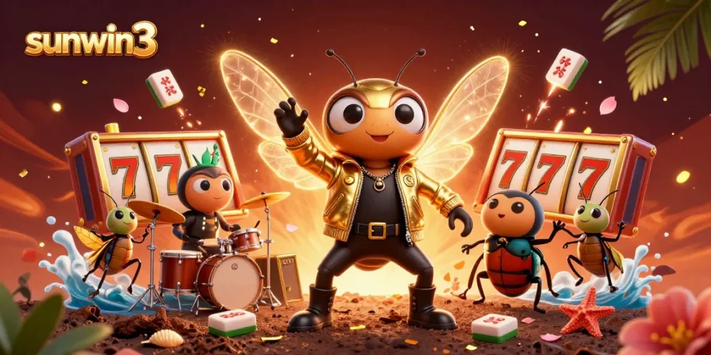 Spin the reels with sunwin3 in a vibrant 3D casino scene featuring dynamic characters and festive elements.