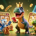 Jouer au casino en ligne le plus payant avec un T-Rex mignon, assistant et jetons dorés.