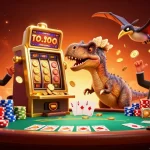 Le casino en ligne le plus payant avec un pachycephalosaurus frappant une machine à sous dorée, entouré de jetons de poker et de pièces d'or.