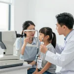 Patient consulting about ICL and LASIK options in a bright eye clinic.