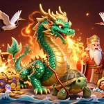 Illustration dynamique de personnages de casino, évoquant le casino en ligne le plus payant avec dragon émeraude et trésors sous-marins.