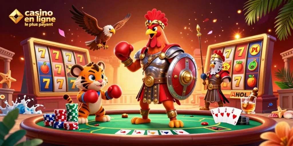 Jouer dans le casino en ligne le plus payant avec un rooster gladiateur, des éléments de slots et de poker.