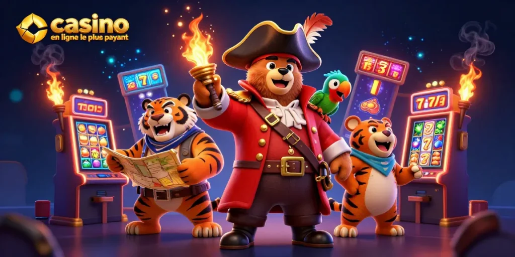 Image animée de casino en ligne le plus payant illustrant un ours pirate, un tigre, et des machines à sous